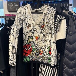 White and Black Graphic Long Sleeve Top